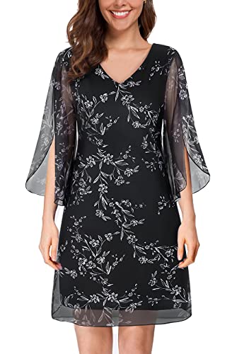 SeSe Code Spring Dresses for Women 2025 Wedding Guest Summer Dress Casual Formal Party Evening Cocktail Special Occasion Bridesmaid Mother Aline Knee Length Elegant Womens Loose Black Floral L