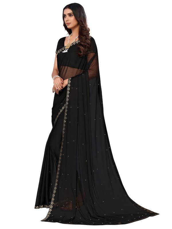 Image of SIRIL Women's Lace & Peral Work Lycra Saree with Unstitched Blouse Piece(2739S251 Black1)