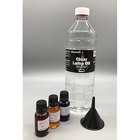 SMOKELESS AND ODOURLESS CLEAR LAMP OIL - 1 LITRE - PLUS 3 COLOUR DYE PACK FOR COLOURING LAMP OIL. with FREE funnel Cover