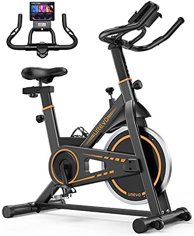UREVO indoor Cycling Bike, Stationary Exercise Bike 350 lbs Weight Capacity，Ipad Mount, Comfortable Seat Cushion, Silent Belt Drive Cycle Bike for Home Workouts Gym