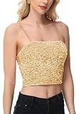 Anna-Kaci Women's Sparkly Sequin Cami Tops Crop Club Party Glitter Spaghetti Strap Tube Top, Light Gold, Small