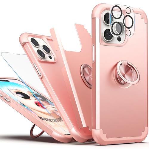 IDweel for iPhone 13 Pro Max Case with Screen Protector+360°Ring Holder Stand+Camera Lens Protector,2 in 1 Shockproof Slim Fit Hybrid Heavy Duty Hard PC Soft Silicone Bumper Full Body Case,Rose Gold