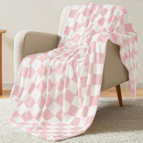 Homelike Moment Checkered Throw Blanket, Pink Checkerboard Grid Soft Fluffy Fleece Blankets Throws, Fuzzy Cozy Plush Flannel Blanket for Couch, Comfy Warm Lightweight Bed Blanket (Pink, 50x60IN)