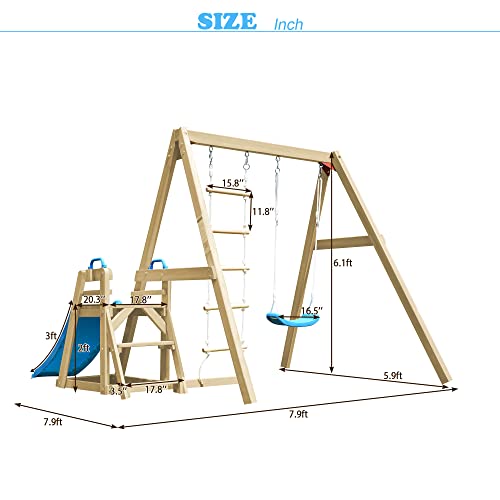 Lovmor Wooden Swing Set With Blue Slide, Outdoor Playset Backyard Activity Playground Climb Swing Outdoor Play Structure For Toddlers, Ready To Assemble Wooden Swing-N-Slide Set Kids Climbers #TOP1