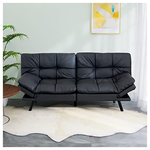 Hcore Convertible Futon Sofa Bed,Black Leather Memory Foam Loveseat Futons Sofa Couch,Small Euro Lounger Sofa for Compact Living Spaces,Apartment,Dorm,Studio,Guest Room, Home Office/Black Leather