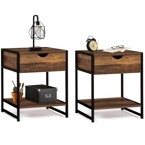 IDMarket – Juego de 2 mesitas de noche Hawkins 1 cajón con estante madera oscura diseño industrial