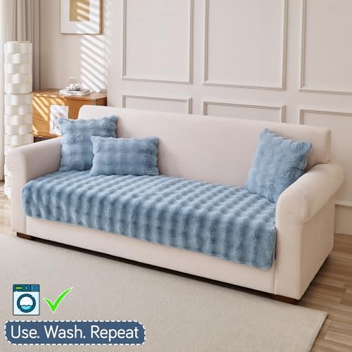 Image of HOKIPO 'FurHug' Premium Faux Fur Rabbit Sofa Cover Mats for L Shape and 1 /2 /3 Seater Sofa. Make Your Own Sofa Cover Set, Mat Length 90(D) x 60(L) cm, Charm Blue (NEW-AR-5010-BL)