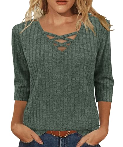 Heymiss Womens Sweaters 3/4 Sleeve V Neck Shirts Dressy Casual Blouses Loose Fit Tunic Tops Criss Cross2