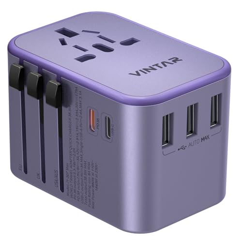 Image of Universal Travel Adapter, VINTAR 35.5W International Power Adapter with 3 USB A QC and 2 USB C PD, All in One Plug Adapter Worldwide Travel Essentials for EU /UK /USA /AUS(Type C /G /A /I), Purple