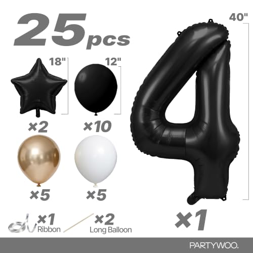 Image of PartyWoo Black Number 4 Balloon 40 Inch 25pcs Black Foil Star White Gold