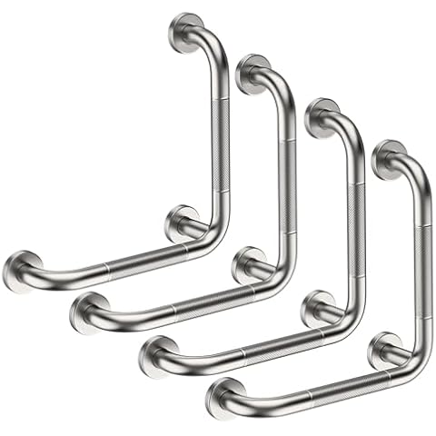 Angled Grab Bar 12x12 Inch, YuanDe Brushed Nickel L-Shaped Shower Grab Bar w/Anti-Slip Knurled Grip, Stainless Steel Bath Balance Bar, Safety Hand Rail Support for Handicap Elderly Senior(4 Pack) Cover