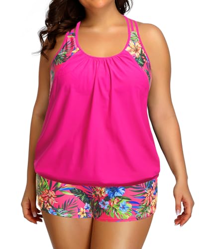 Image of Womens Plus Size Tankini Swimsuit Two Piece Tummy Control Bathing Suit | Blouson Racerback Tankini Top with Shorts, Double Up Design, Removable Pad