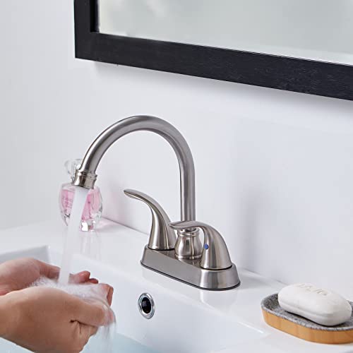 Shaco Brushed Nickel Bathroom Faucet, Lavatory Vanity Rv Camper Sink Faucet, 4 Inch Centerset Bathroom Faucets For Sink 3 Hole Or 2 Hole With Pop Up Sink Drain And Water Supply Hoses #TOP3