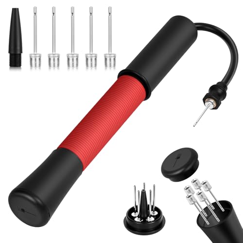 HOTUT Bomba de Balón, Sports Stable Inflador Balones con Almacenamiento de Agujas, Bomba de Fútbol con 5 Agujas y Cable Extensible para Fútbol, Baloncesto, Balonmano, Voleibol, Rugby, etc.(Rojo)