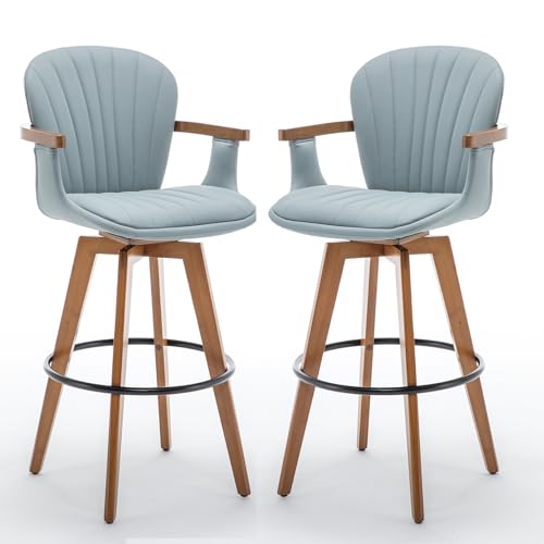 Image of LUNLING 26 inch Counter Height Stools Set of 2,Mid Century Modern Bar Stools,Blue PU Leather Kitchen Island Stools,Wood High Barstools Swivel with Back and Arms for Home Bar Furniture