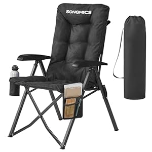 SONGMICS Campingstuhl faltbar, für Erwachsene, 95°-150° verstellbare Rückenlehne, Klappstuhl 6 cm Polsterung, Getränkehalter, Seitentasche, Tragetasche, Garten Camping Angeln, schwarz GCB016BZ01