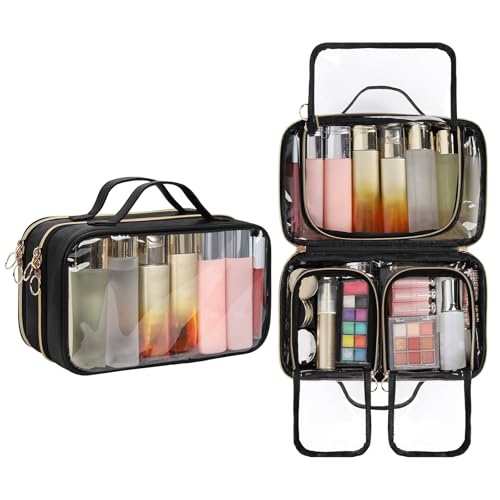 OCHEAL Travel Toiletry Bag, Double Layer Clear Makeup Bag Organizer Large Capacity Cosmetic Bag for Traveling Women Beauty Essentials, Multiple Compartments Makeup Case- Black