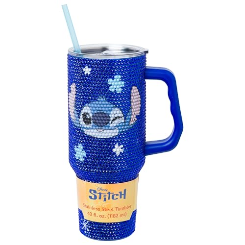 Image of Silver Buffalo Disney Lilo & Stitch Wink Face Stainless Steel Tumbler, 40oz | Disney, Blue, 1.2 Liters, Double-Walled, Handle, Straw, Straw Cap, Rhinestone Finish