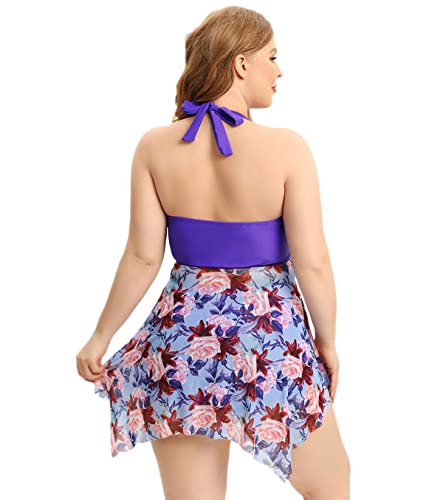 Women's Plus-Size One Piece Swimdress Ruffle Bathing Suits Printed Swimwear Halter Mesh Skirt Swimsuit(Purple,4Xl) #TOP3