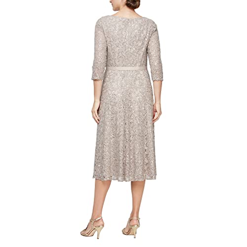 Image of Alex Evenings Womens Tea Length Embroidered Cocktail Dress with Illusion Sleeves, Wedding Guest (Petite and Regular Sizes)