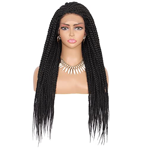 Kalyss 28  Senegal Twisted Braids Lace Front Wigs with Baby Hairs for Black Women Premium Synthetic Black Color Box Braids Natural Looking Side Parting Lace Wigs, Black 1B