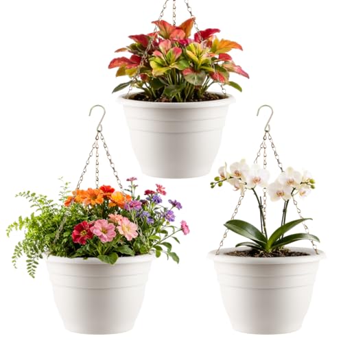 RooTrimmer Hanging Planters 11 Inch, 3 Pcs Flower Pots with Drainage Hole, Self Watering Hanging Basket for Indoor Outdoor Plants, Decor, White