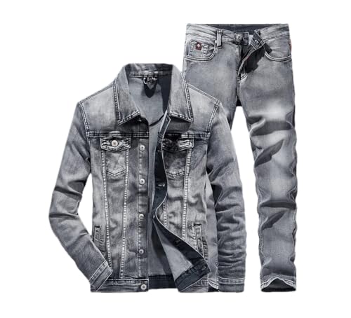 Mnjyihy Men's Spring Autumn Single Breasted Denim Suit Slim Micro-Stretch Two-Piece Jacket Jeans Suit Gray XL