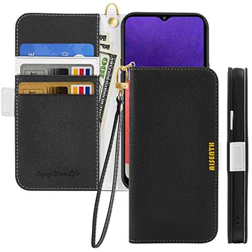 Aisenth Funda con tapa para Samsung Galaxy A22 5G, color sólido, textura de grano de lichi, funda tipo cartera de piel sintética con ranuras para tarjetas, cierre magnético lateral, soporte + 1 correa