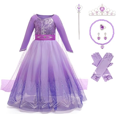 Pianocean Elsa Prinzessin Kleid Mädchen, Kostüm Kinder Mit Krone Zauberstab Halsketten, für Halloween Weihnachten Cosplay Karneval Geburtstag Party