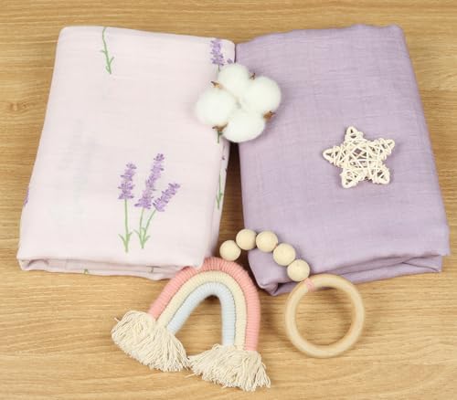 Image of Muslin Swaddle Blankets Neutral, Baby Swaddling Wrap Nursery Receiving Blanket for Baby Girl, 70% Viscose from Bamboo and 30% Cotton, Large 47 x 47 inches Lavender & Mauve