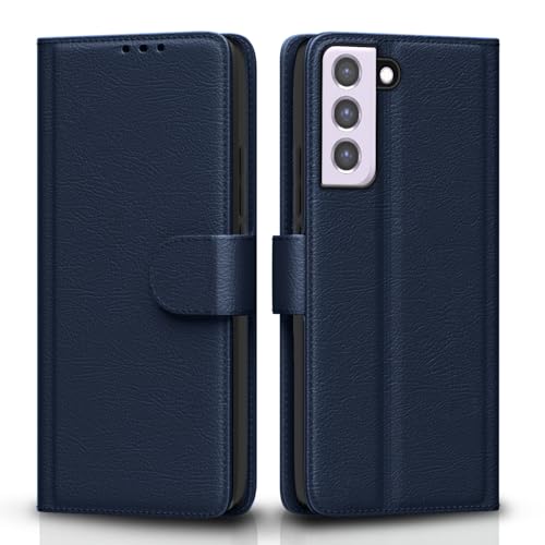Image of Amazon Basics Flip Cover for Samsung Galaxy S21 FE 5G Leather Finish | Wallet Stand and Shock Proof | Inside TPU with Card Pockets | Complete Protection Flip Case (Blue)