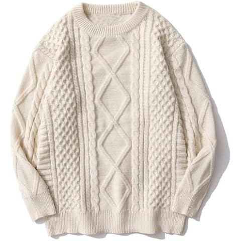 Women Cable Knit Vintage Chunky Sweater Loose Casual Knitted Sweater Unisex Woven Crewneck Knitted Top Cream Cover