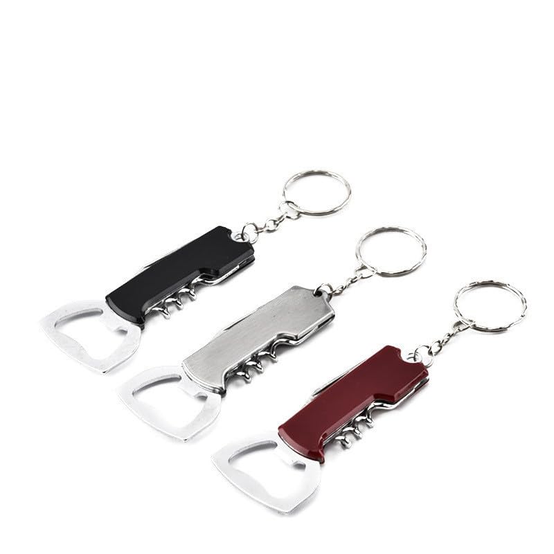 Multi-Function Stainless Steel Bottle Opener Keychain, Portable Beer & Wine Corkscrew Opener with Optional Wooden Handle, Creative Pocket Key Ring Tool for Camping Party Bar (Silver)