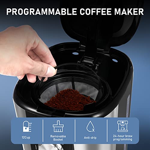 Hesasdg 12-Cup Programmable Coffee Maker: Automatic Drip Coffee Maker With Timer, Auto Shut Off, Smart Anti-Drip System, Quick Brew, Keep-Warm Plate, Electric Filter Coffee Machine With Coffee Pot #TOP2