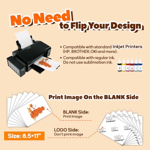 Transmile Lot de 10 feuilles de papier transfert thermique imprimable pour tissus en coton foncé - Papier transfert thermique imprimable pour imprimante à jet d'encre - Orange – vue 7