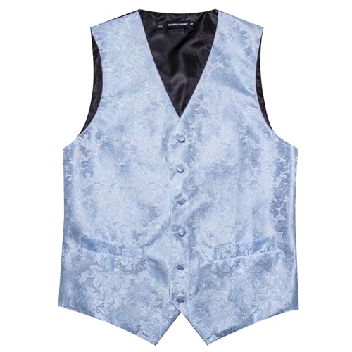 Image of Barry.Wang Mens Dusty Blue Suit Vest Jacquard Silk Ties Handkerchief Cufflinks Waistcoat Set Formal Wedding Tuxedo 5PCS