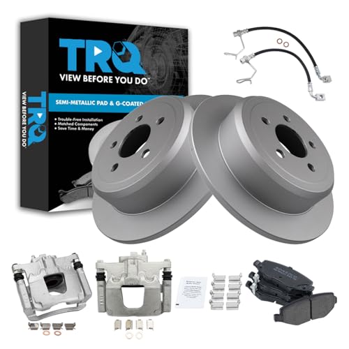 Image of TRQ Rear Brake Pad and Rotor Set Semi Metallic G Coated Rotors Calipers Compatible with 2008-2012 Jeep Liberty