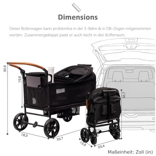 vickey Bollerwagen Faltbar mit Dach 2 Kinder, Cargo-Bollerwagen, Faltbarer Handwagen Schiebegriff, Duo-Kinderwagen Stoßfest PU Räder mit Bremsen, Getränkehalter, 100L Schwarz – Bild 7