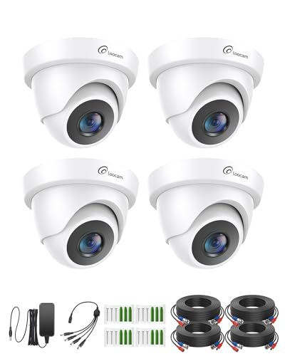 Loocam 4Pack HD 1080P Wired Security Cameras Kit, 80ft IR Night Vision, Indoor Outdoor Home Surveillance CCTV Dome Camera for 2MP/5MP/4K HD-TVI Analog DVR System, IP66 Weatherproof