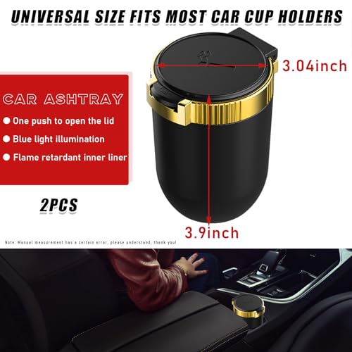 Image of Dickno 2 PCS Car Ashtray with Lid, Detachable Stainless Smokeless Auto Ashtray, Portable Mini Vehicle Trash Can with LED Blue Light, Universal Interior Accessories for Cup Holder (Golden)