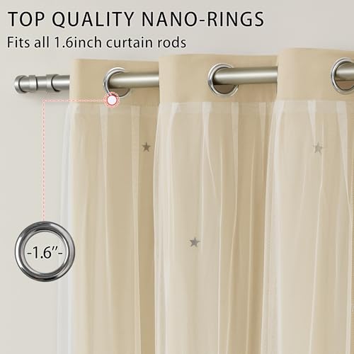 Image of XiDi Beige Curtains with Sheer Overlay for Living Room Bedroom 2 Panels Star Hollow Out 80% Blackout Double Layer Curtains for Kids Girls Room Darkening Grommet Window Drapes with Tiebacks W52 X L54