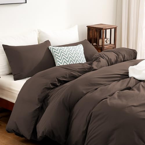 FANSTIVE Duvet Cover Set 100% Washed Cotton Linen Like Soft Comfy Breathable 3 Pieces Bedding Comforter Cover with Zipper Closure, No Comforter (Queen 90x90, Mocha Brown) by FANSTIVE - Used condition - CA$59.12