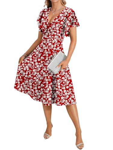 Image of LYANER Women's Warp V Neck Ruffle Short Sleeve A Line Swing Flared Cocktail Party Midi Dress