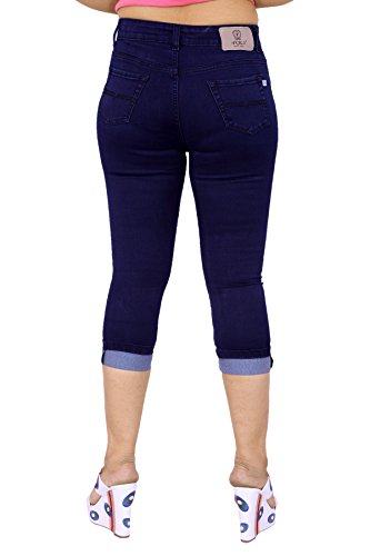 Image of FCK-3 Stretchable Denim Solid Mid Waist Knee Length Button Closure 5 Pocket Capree for Women