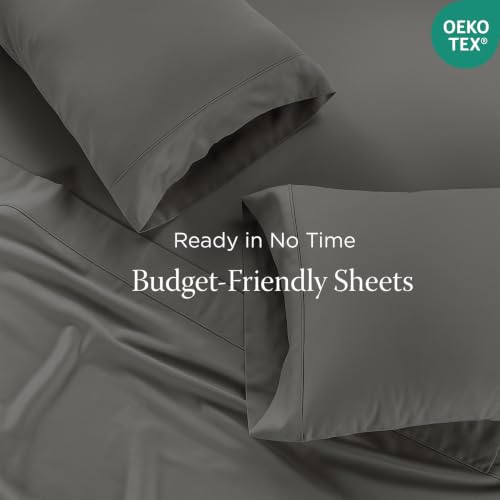 Image of Threadmill 300 Thread Count Cotton King Sheet Set, Sateen, Solid, Dark Grey | 100% Cotton, Sateen Weave, 4-Piece Set, 16 inch Deep Pocket, Cooling, Breathable, All-Season, Lightweight, OEKO-TEX Certified