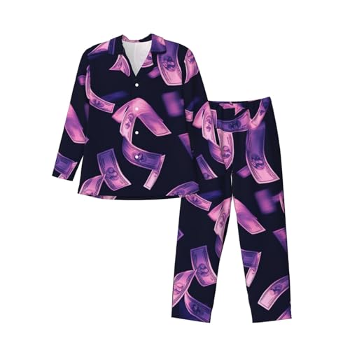 Purple Dollar Flying In The Air Mens Pajamas Set Button Down Sleepwear Set Long Sleeve Loungewear With Pockets3