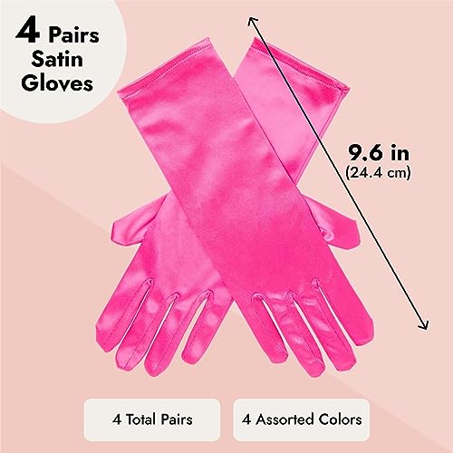 Juvale Princess Gloves for Girls 4-6 - One Size, 4 Pairs, Satin, Pink, Yellow, Purple & Blue - Kids Dress Up & Tea Party Soft Stretch Costume Gloves4