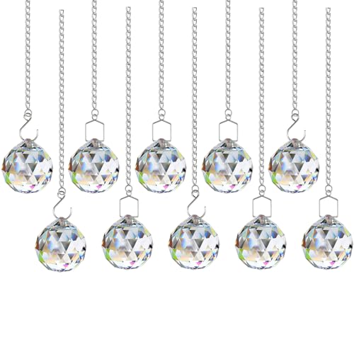 MirraSwit 10 Pcs Clear Crystal Ball Prism, Clear Sun Catcher, Sun Shine Catcher Rainbow Pendants Maker, Hanging Crystals Prisms for Windows, with Tail Chain, Hooks, Crystal Rope for Feng Shui, Gift