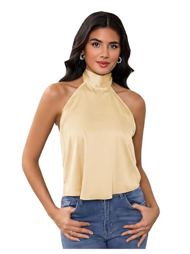 【usagi】HALTER HIGH NECK CAMISOLE TOPS MakeMeChic Women's Satin Silk Halter High Neck Tops Backless