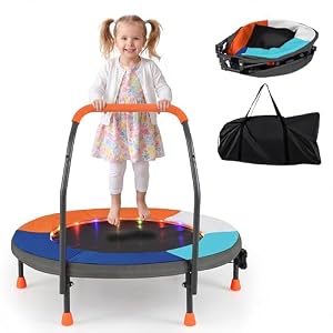 COSTWAY Kindertrampoline 90 cm – Mini Opvouwbare Trampoline met LED-Verlichting, Handvat en Draagtas, Fitness Trampoline voor Binnen en Tuin, Kinderen vanaf 3 Jaar